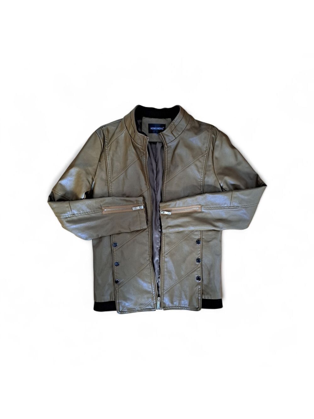 Hong Meng Caramel Faux Leather Moto Jacket | Zip Details | Small Fit